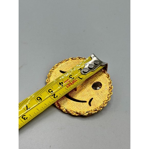 Vintage Smiley Face Pin Brooch and Pendant Gold Tone Metal with Rhinestones Eyes - Picture 6 of 6